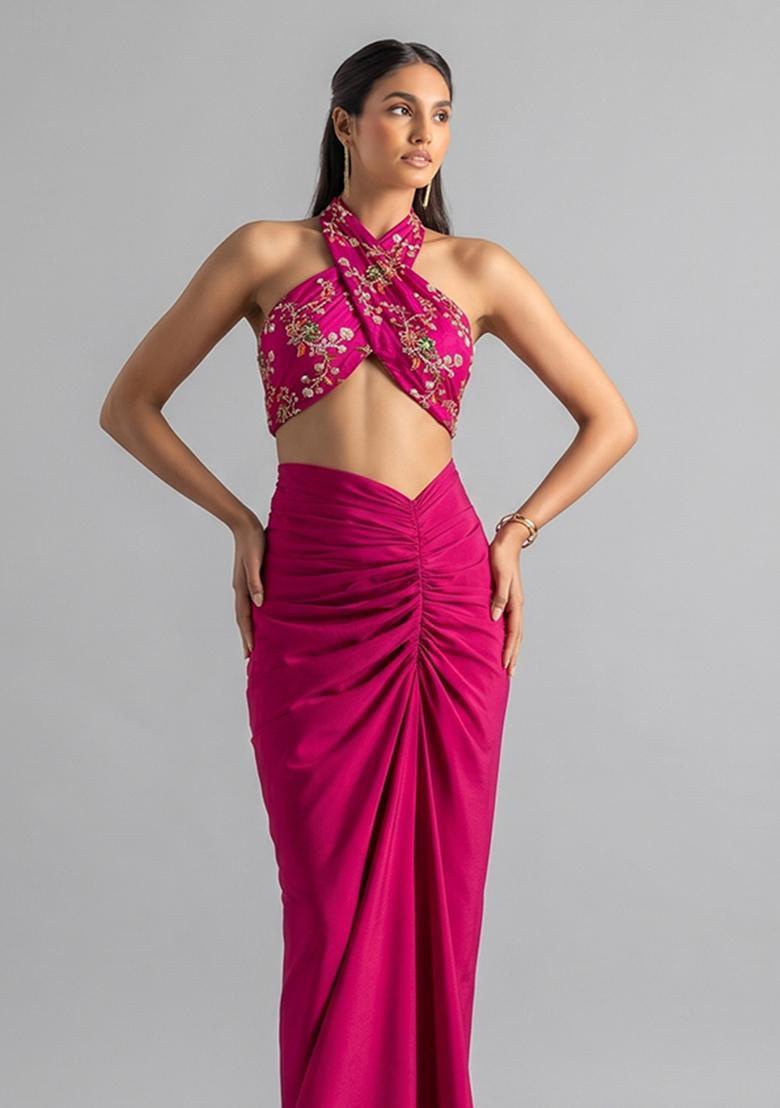 Magenta Pink Embroidered Crepe Fusion Set - Indya