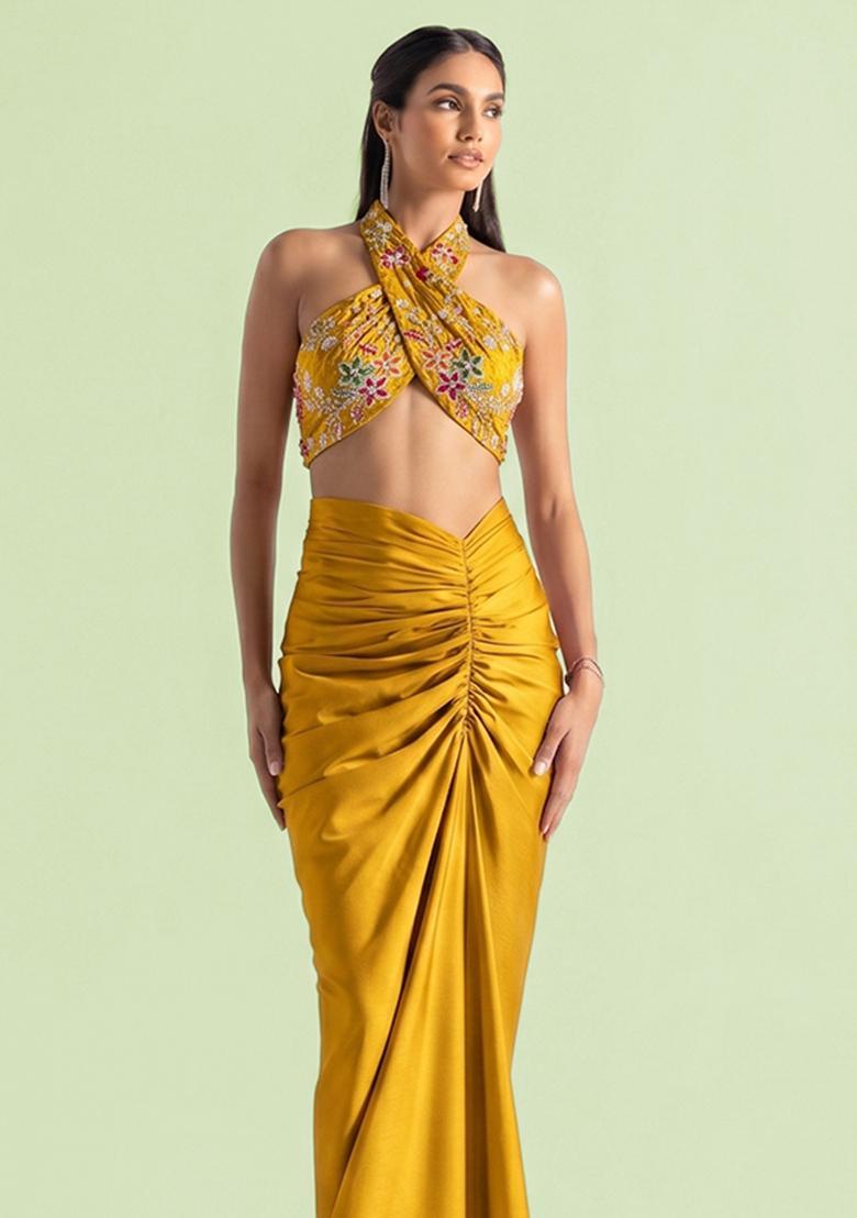 Mustard Embroidered Fusion Set - Indya