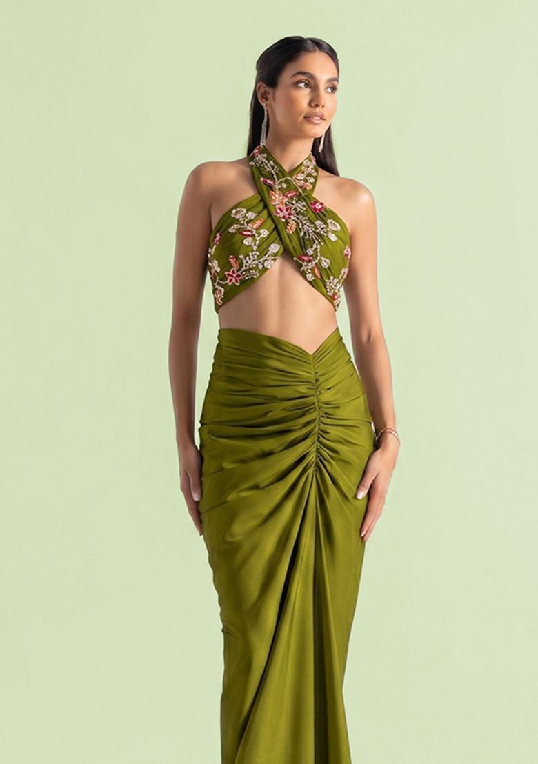 Olive Green Embroidered Crepe Fusion Set - Indya