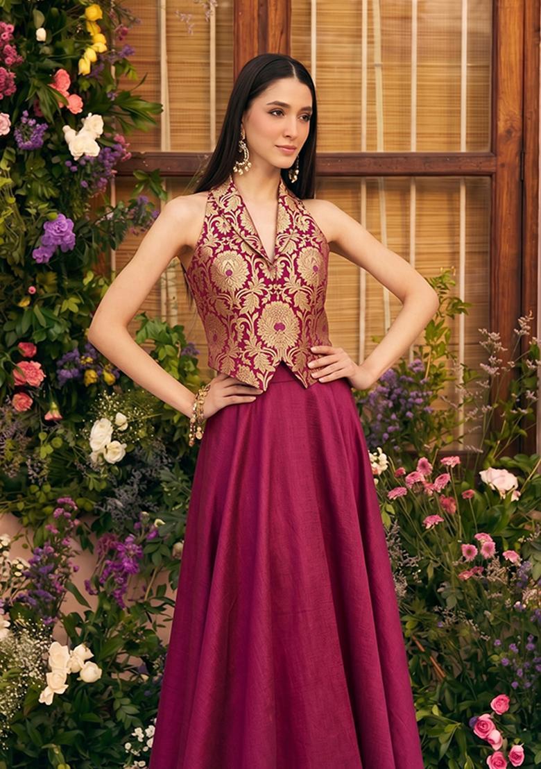 Magenta Brocade Lehenga Set - Indya