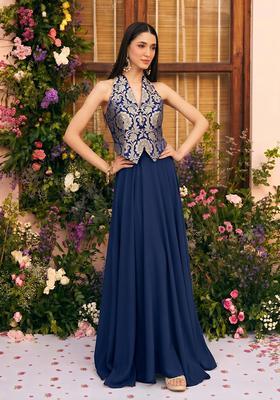 Navy Blue Brocade Lehenga Set