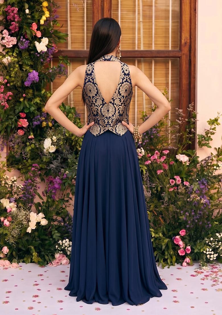 Navy Blue Brocade Lehenga Set - Indya