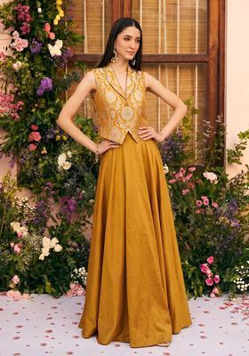 Mustard Brocade Lehenga Set