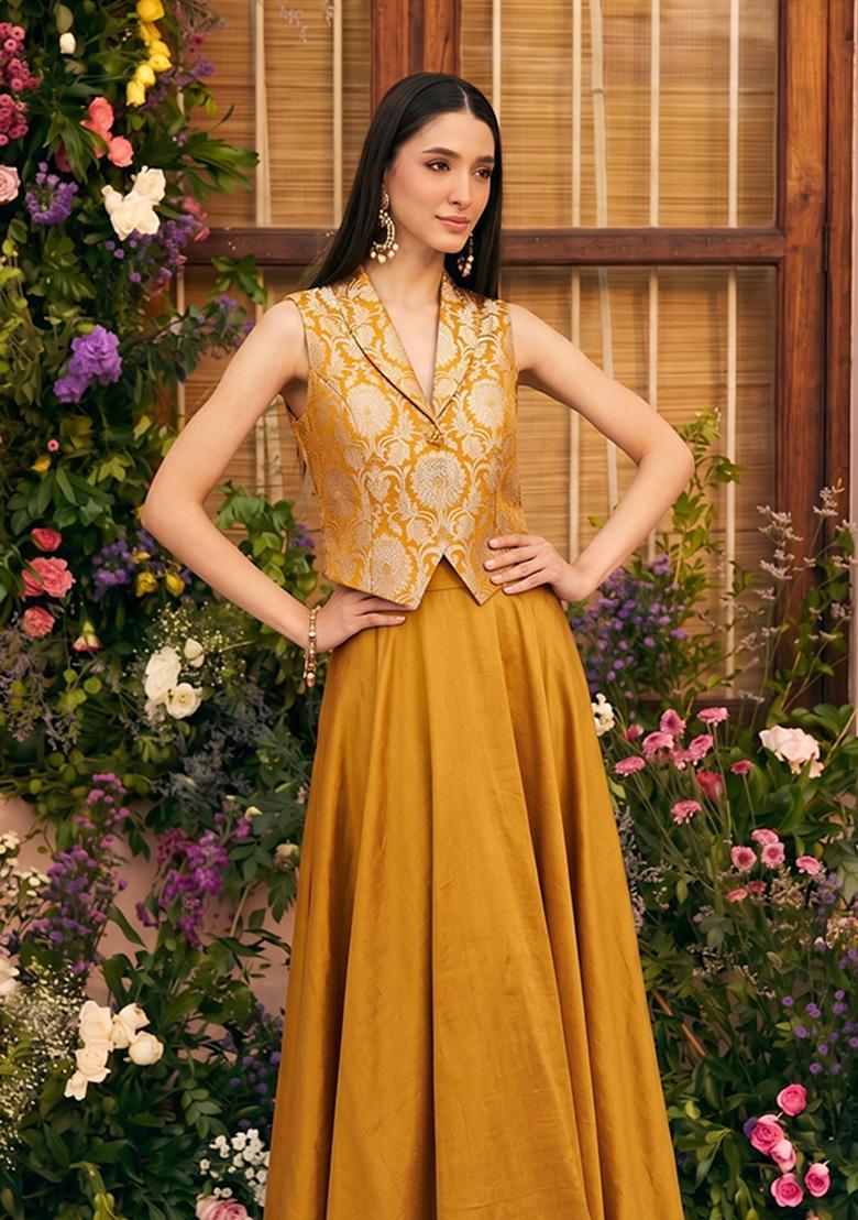 Mustard Brocade Lehenga Set - Indya