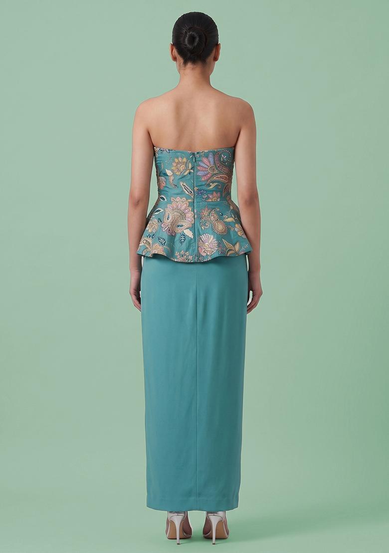 Blue Printed Crepe Fusion Set - Indya