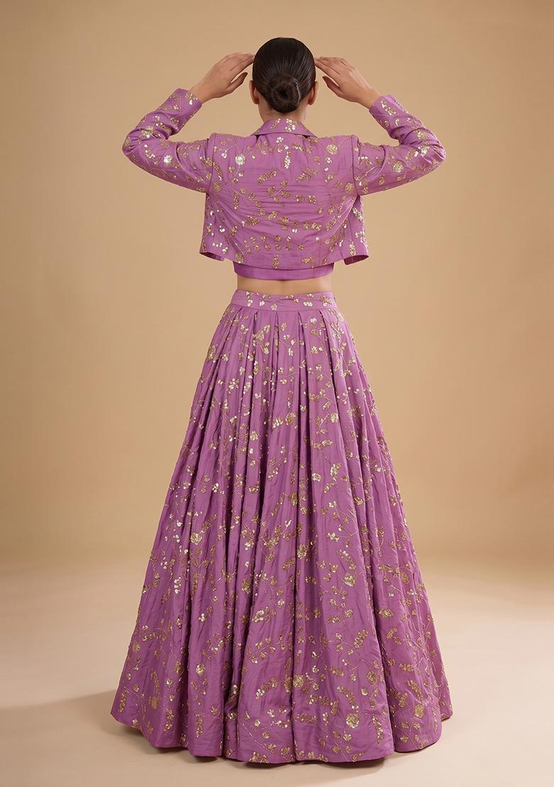 Mauve Embroidered Crepe Lehenga Set - Indya