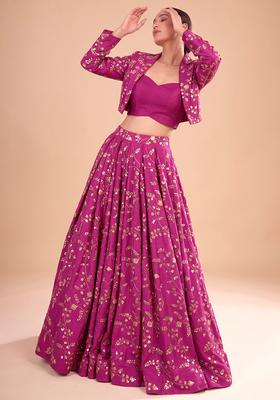 Rani Pink Embroidered Crepe Lehenga Set