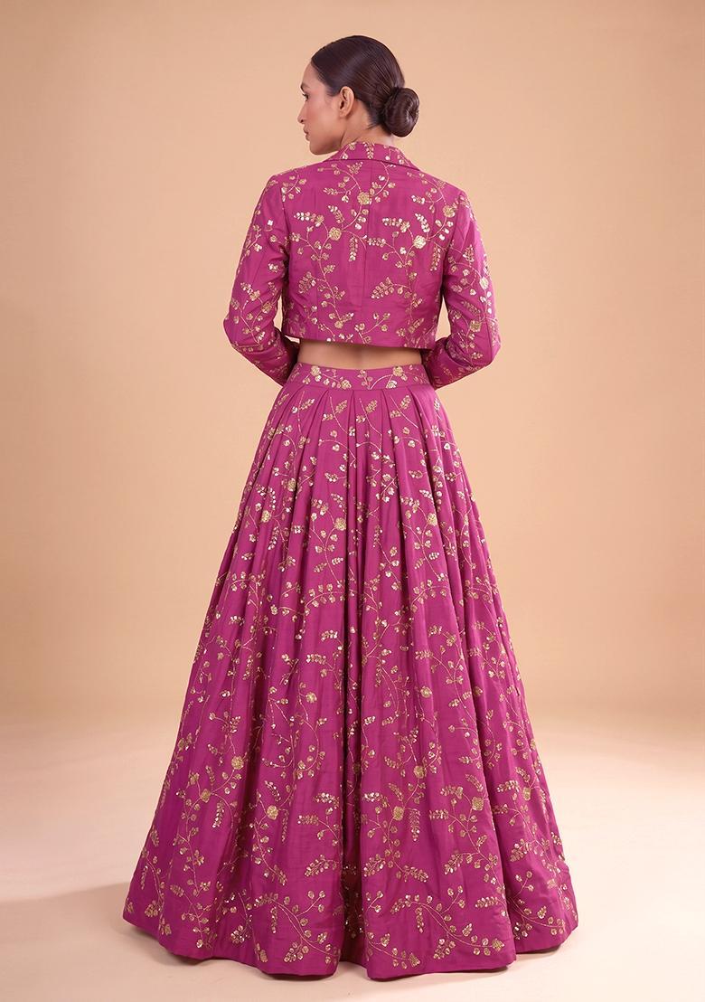 Rani Pink Embroidered Crepe Lehenga Set - Indya