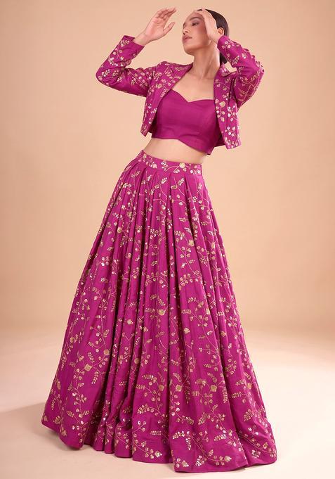 Rani Pink Embroidered Crepe Lehenga Set
