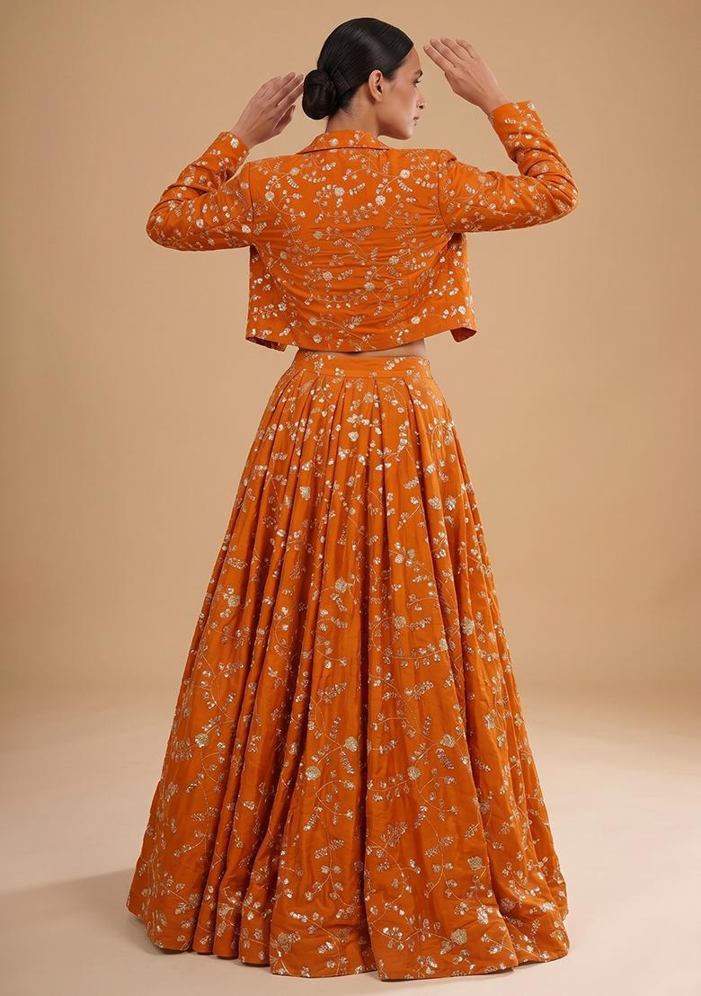 Rust Orange Embroidered Crepe Lehenga Set - Indya