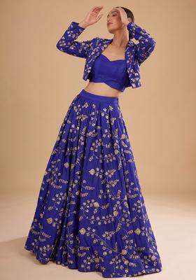 Royal Blue Embroidered Crepe Lehenga Set