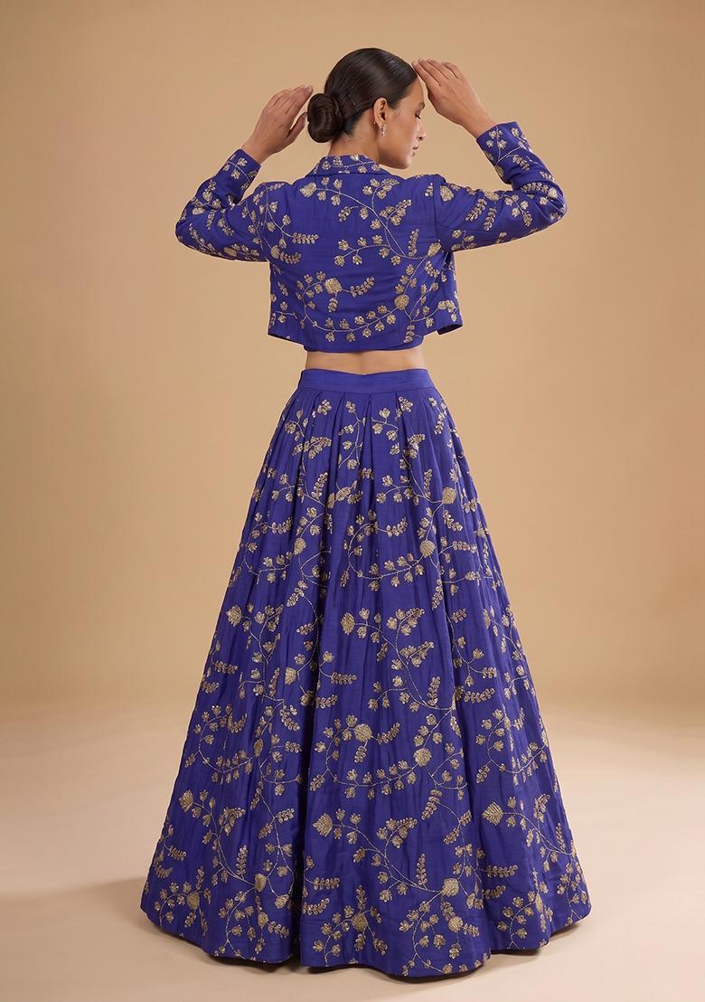 Royal Blue Embroidered Crepe Lehenga Set - Indya