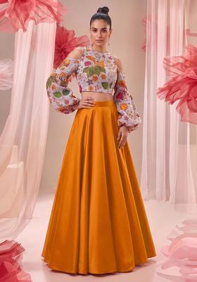 Mustard Embroidered Organza Lehenga Set