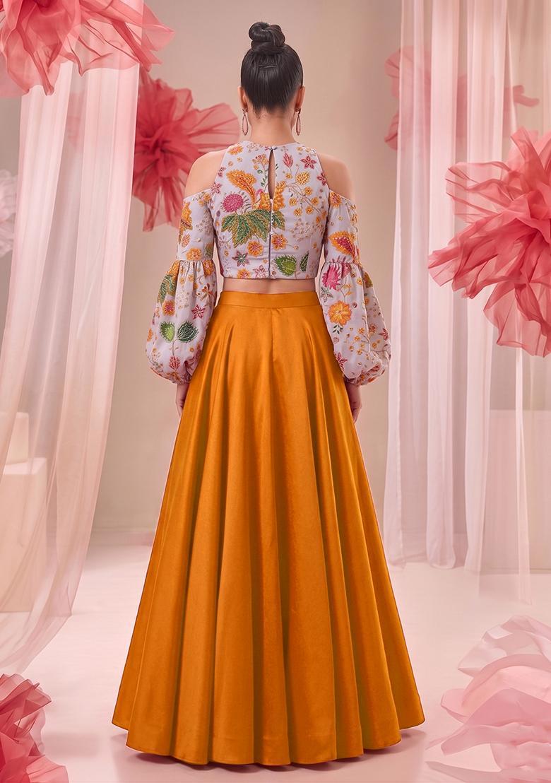 Mustard Embroidered Organza Lehenga Set - Indya