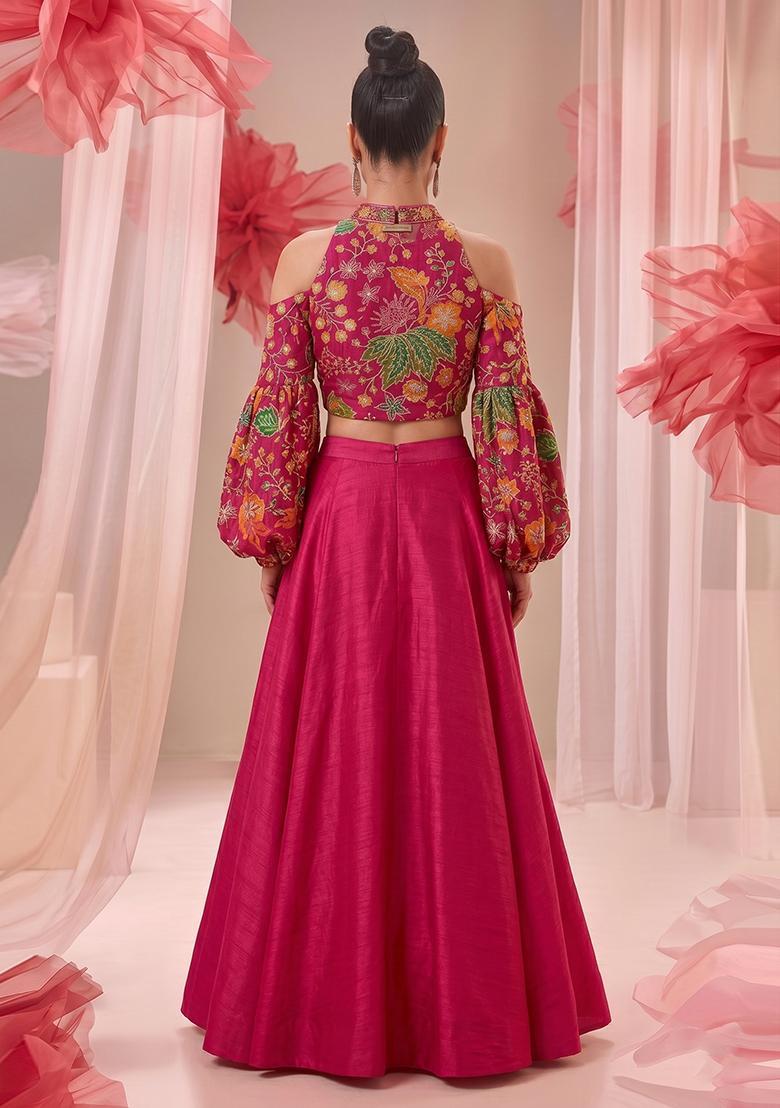 Magenta Embroidered Organza Lehenga Set - Indya