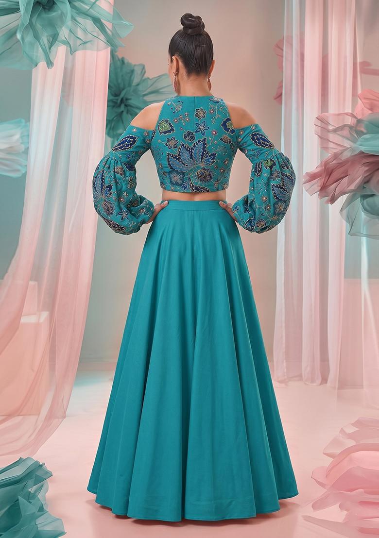 Teal Blue Embroidered Organza Lehenga Set - Indya