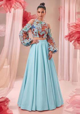 Sky Blue Embroidered Organza Lehenga Set
