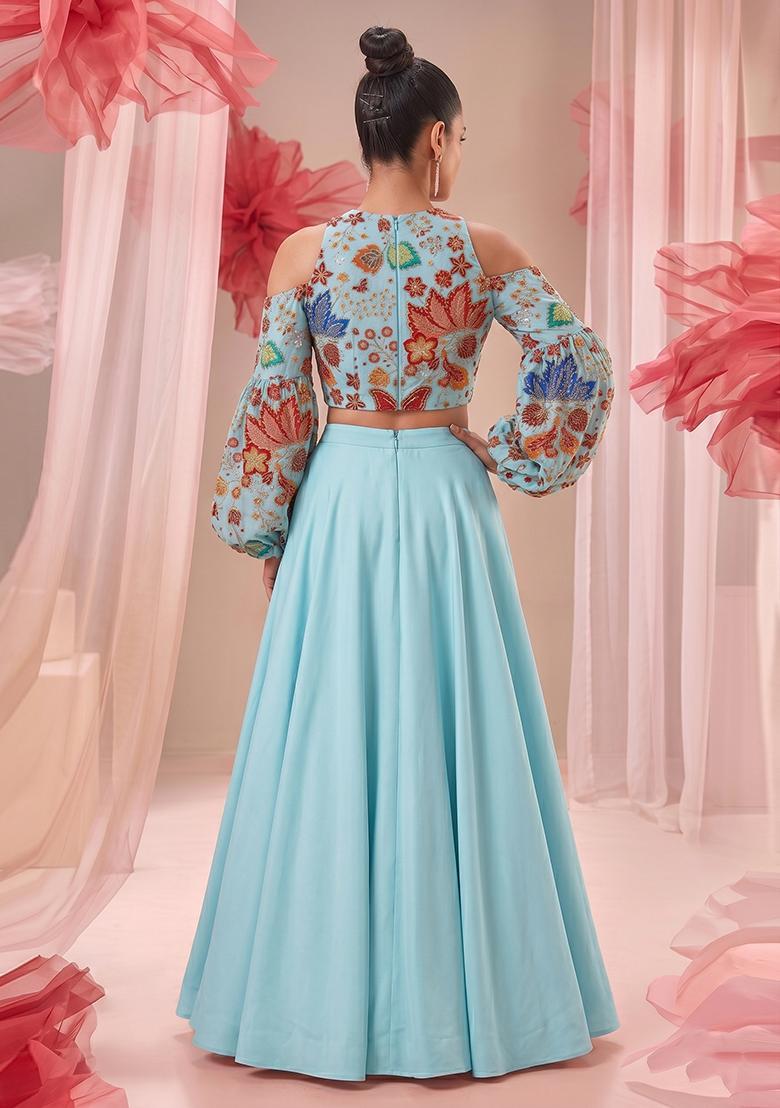 Sky Blue Embroidered Organza Lehenga Set - Indya