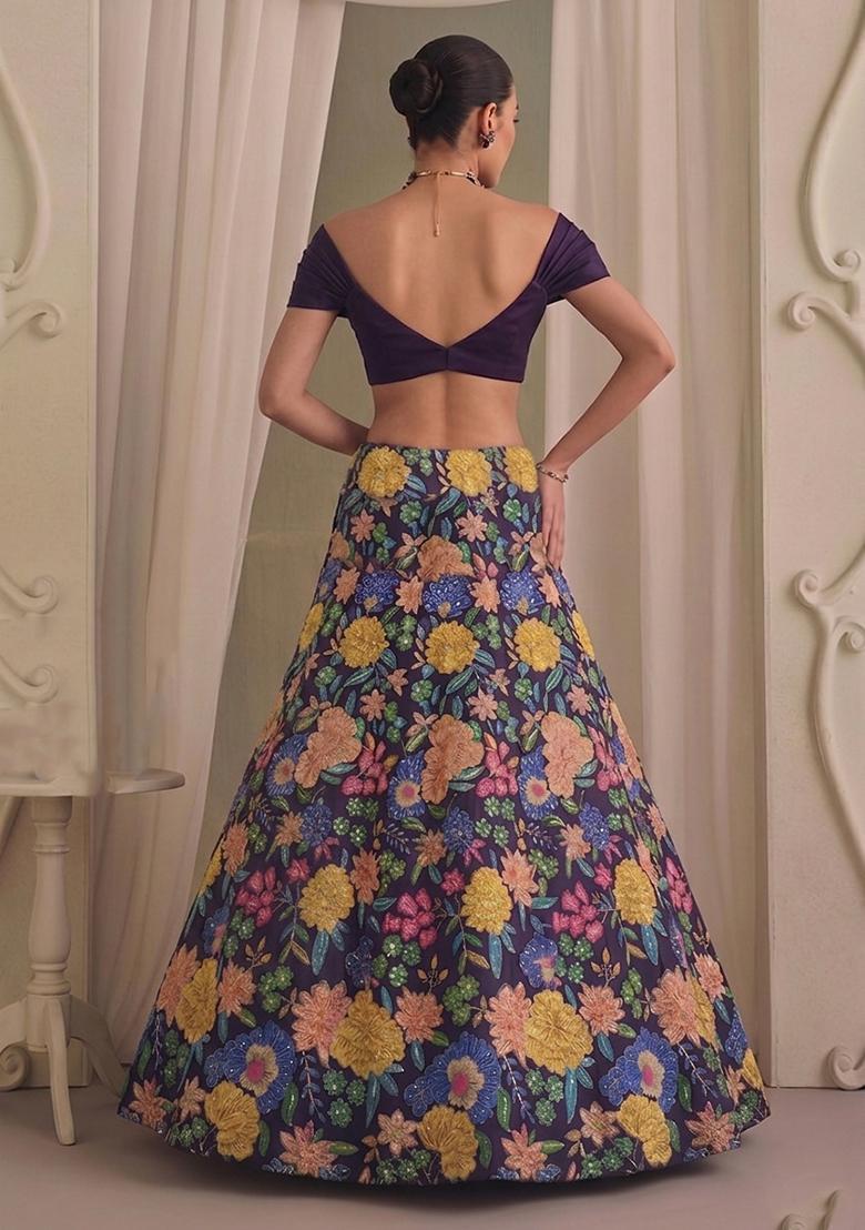 Deep Purple Printed Silk Blend Lehenga Set - Indya