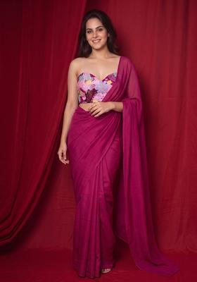 Magenta Pink Printed Crepe Pre Draped Saree Set