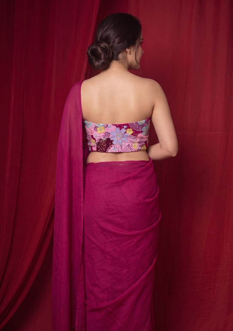 Magenta Pink Printed Crepe Pre Draped Saree Set - Indya