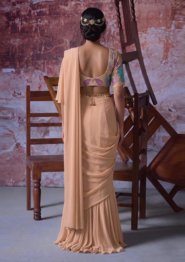 Peach Embroidered Organza Pre Draped Saree Set - Indya