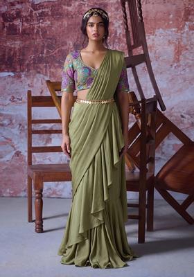 Olive Green Embroidered Organza Pre Draped Saree Set