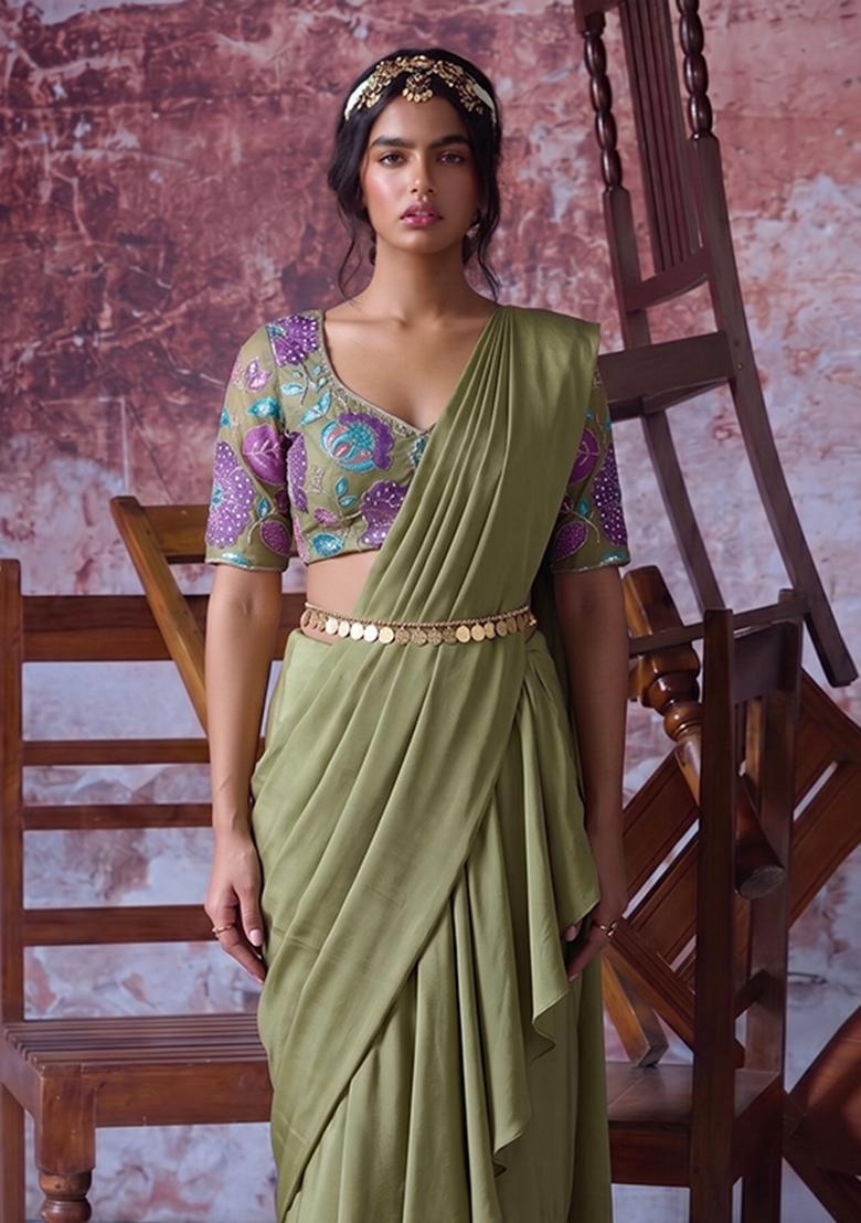 Olive Green Embroidered Organza Pre Draped Saree Set - Indya