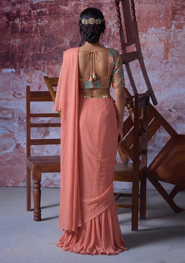 Peach Pink Embroidered Organza Pre Draped Saree Set - Indya