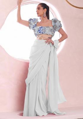 White Printed Organza Pre Draped Saree Set