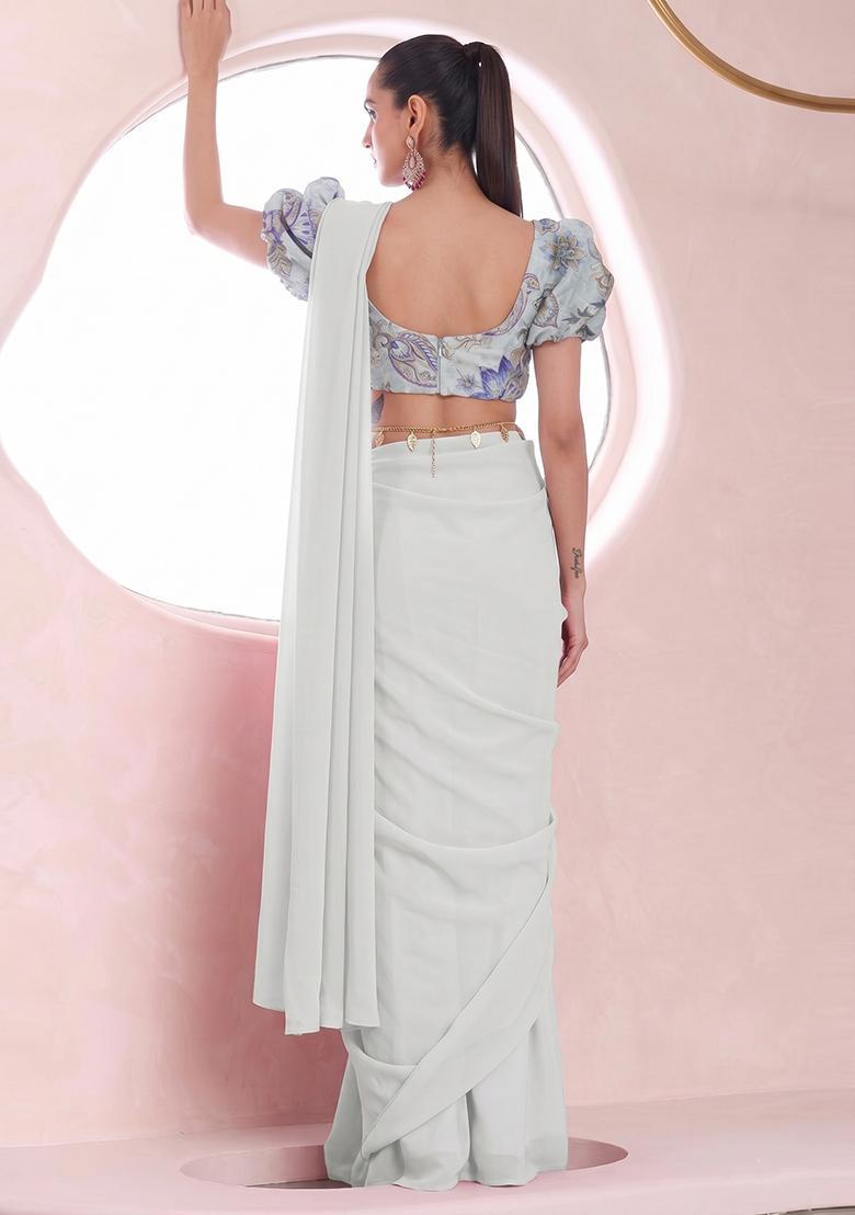 White Printed Organza Pre Draped Saree Set - Indya