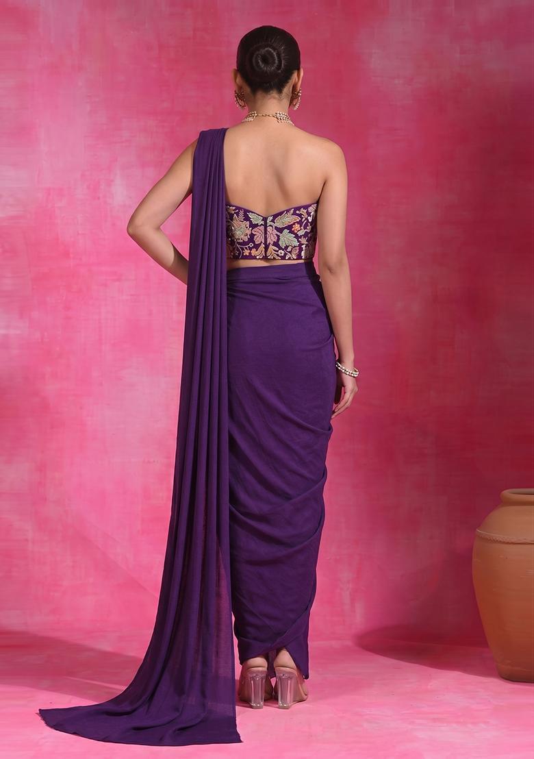 Deep Purple Printed Crepe Pre Draped Saree Set - Indya
