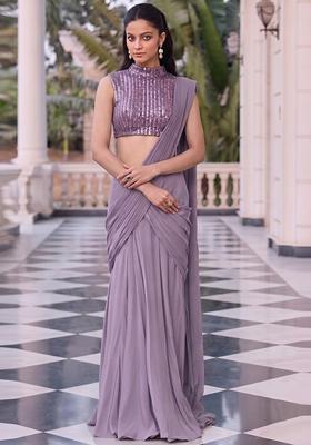 Lavender Embroidered Net Pre Draped Saree Set