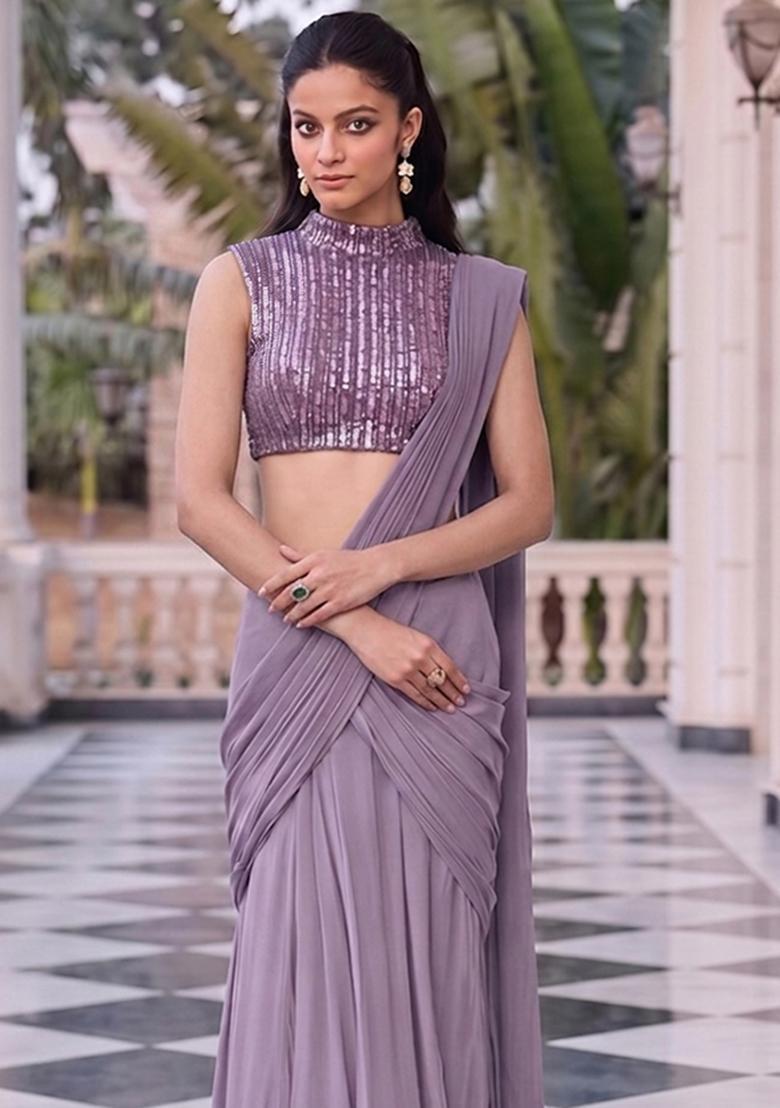 Lavender Embroidered Net Pre Draped Saree Set - Indya