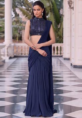 Navy Blue Embroidered Net Pre Draped Saree Set