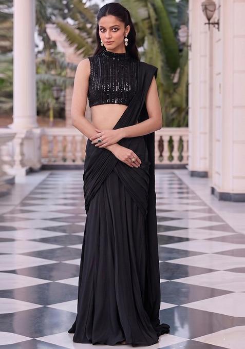 Jet Black Embroidered Net Pre Draped Saree Set