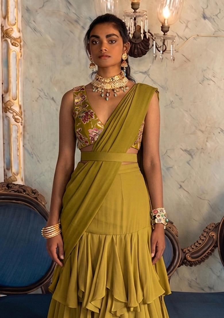 Olive Green Embroidered Silk Blend Pre Draped Saree Set - Indya