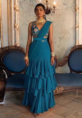 Peacock Blue Embroidered Silk Blend Pre Draped Saree Set