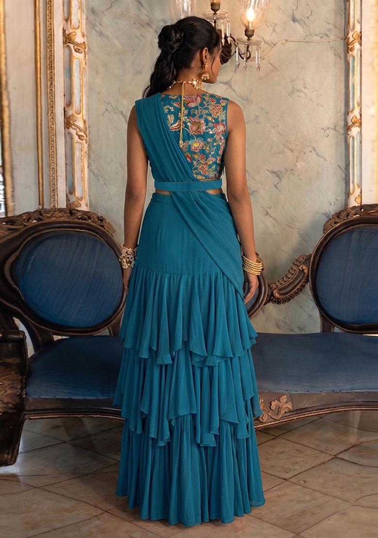 Peacock Blue Embroidered Silk Blend Pre Draped Saree Set - Indya