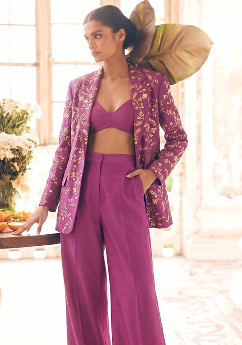 Purple Embroidered Crepe Fusion Set - Indya