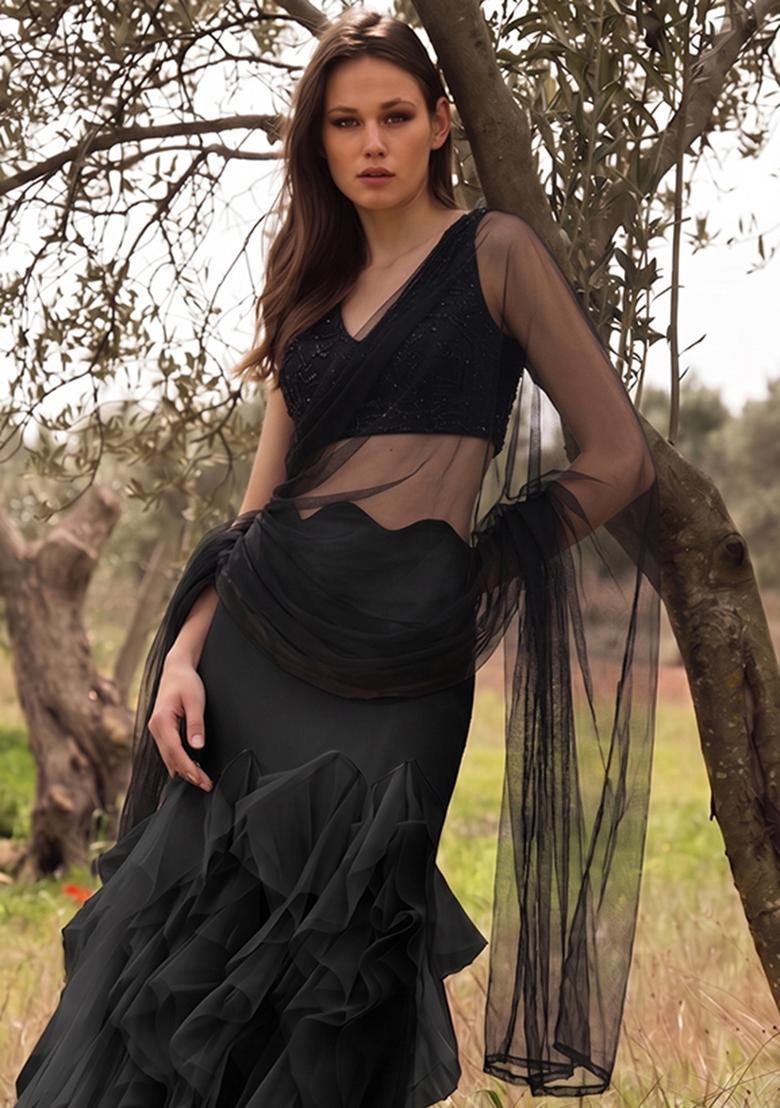 Jet Black Embellished Fusion Set - Indya