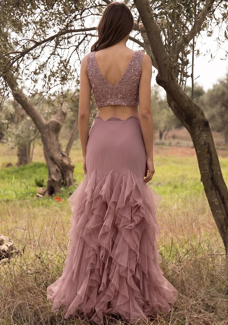 Mauve Embellished Net Fusion Set - Indya
