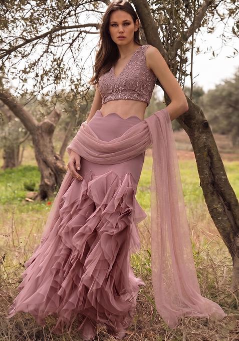 Mauve Embellished Net Fusion Set