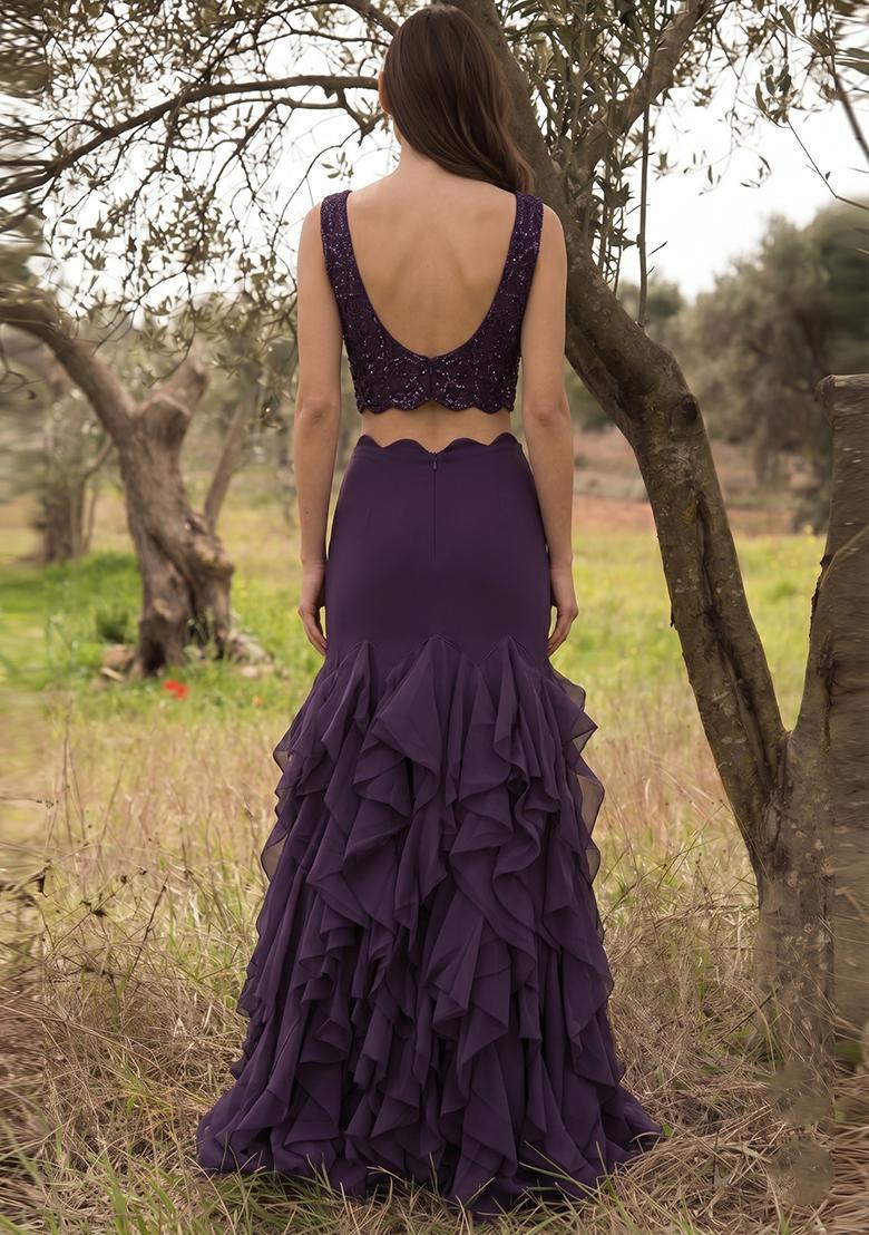 Deep Purple Embellished Net Fusion Set - Indya
