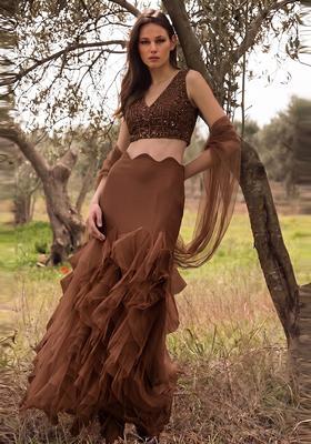 Chocolate Brown Embellished Net Fusion Set