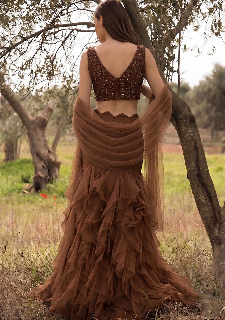 Chocolate Brown Embellished Net Fusion Set - Indya