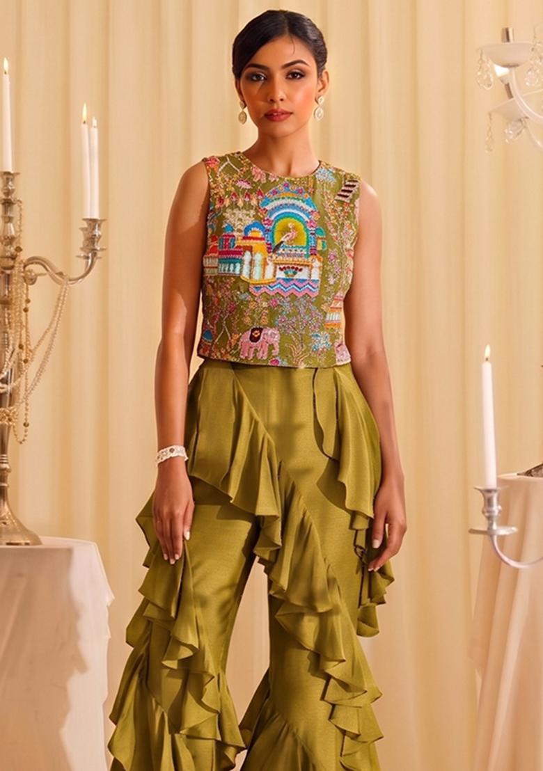 Olive Green Embroidered Crepe Fusion Set - Indya