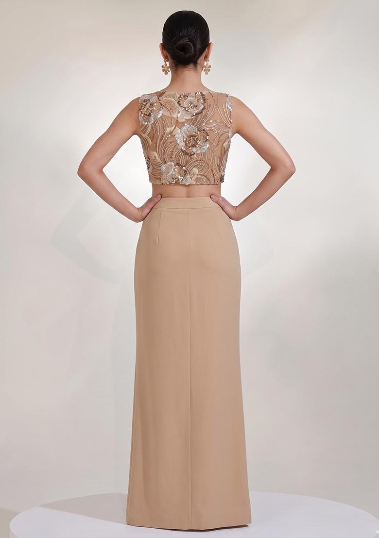 Nude Beige Embroidered Net Fusion Set - Indya