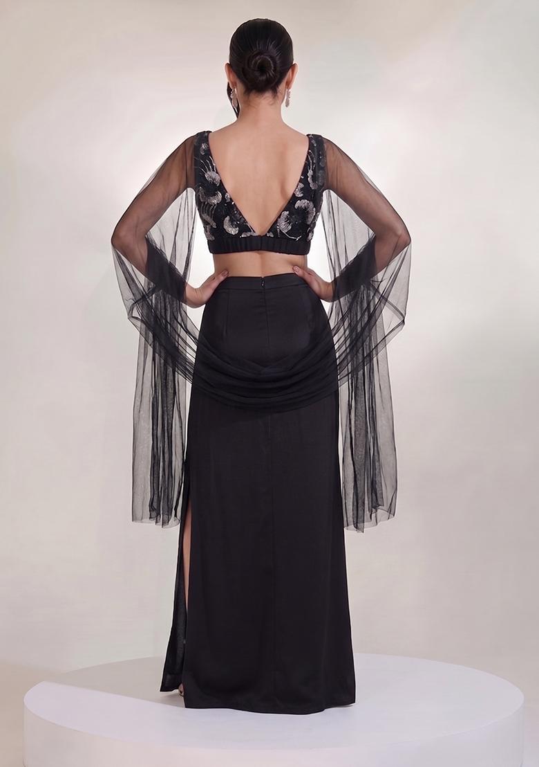 Jet Black Embroidered Net Fusion Set - Indya