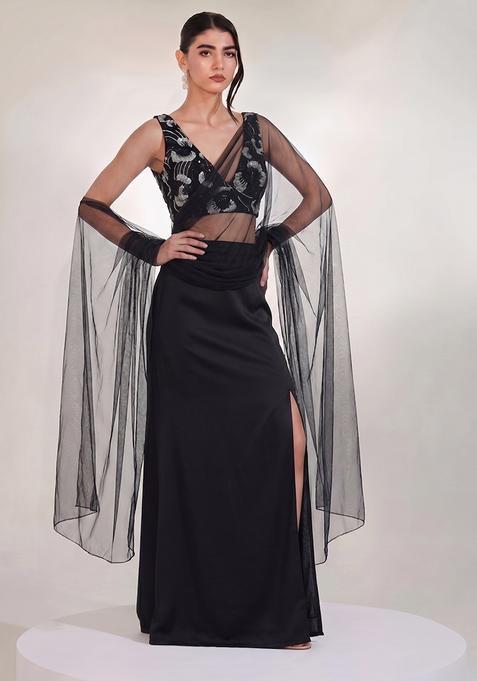 Jet Black Embroidered Net Fusion Set